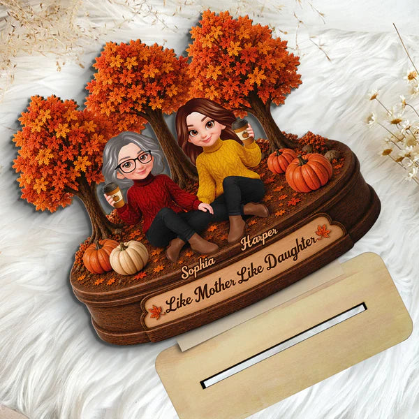 2-Layer Wooden Plaque, Autumn Trees & Seated Coffee Scene, Warm Custom Style, Unique Creative Gift