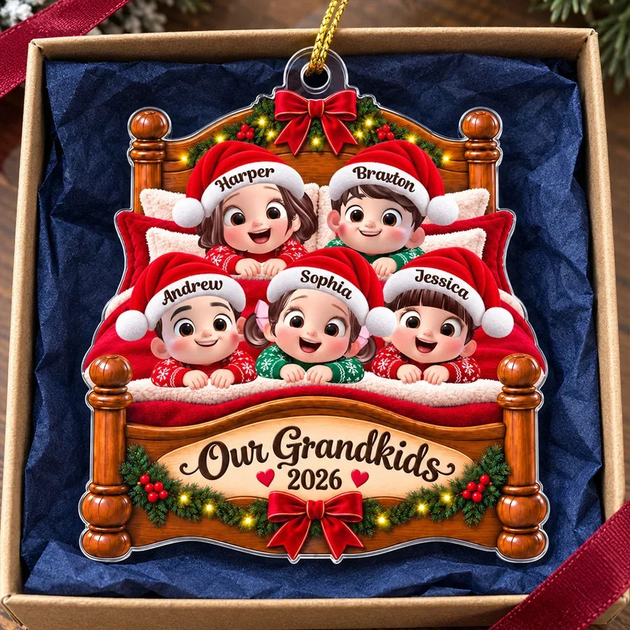 Personalized Acrylic Ornament with Smiling Grandkids in a Christmas Bed, Unique Keepsake Gift for Grandma & Grandpa