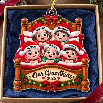 Personalized Acrylic Ornament with Smiling Grandkids in a Christmas Bed, Unique Keepsake Gift for Grandma & Grandpa