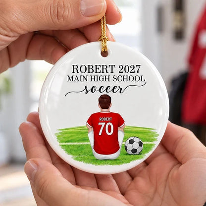 Personalized Ceramic Ornament, Seated Soccer Athlete on Field, Unique Christmas Gift for Soccer Player