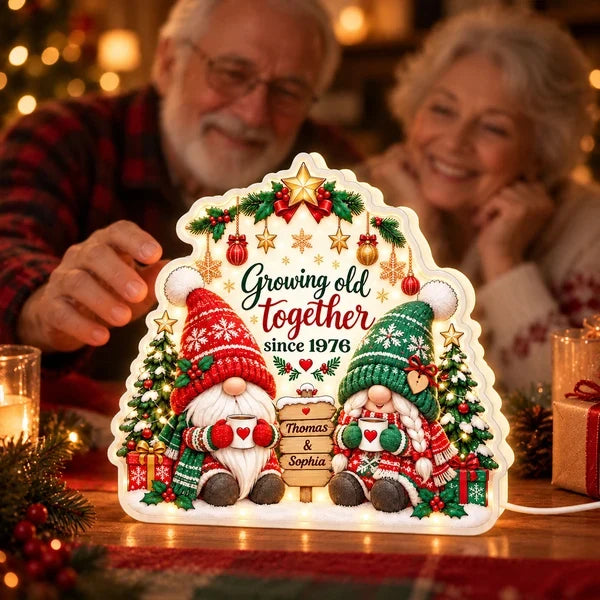 Personalized Acrylic Light Box, Gnome Couple Holding Mugs in a Snowy Christmas Scene, Unique Gift for Couples