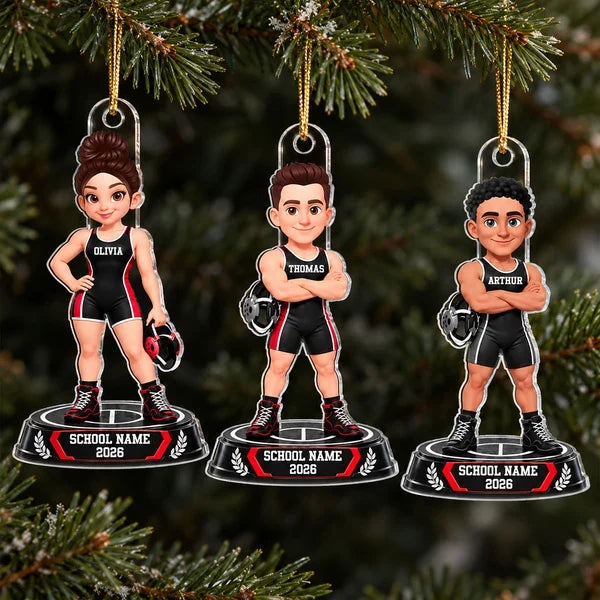 Personalized Acrylic Ornament, Black and Red Cartoon Wrestler Holding Headgear, Unique Christmas Gift for Grandchildren