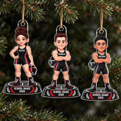 Personalized Acrylic Ornament, Black and Red Cartoon Wrestler Holding Headgear, Unique Christmas Gift for Grandchildren