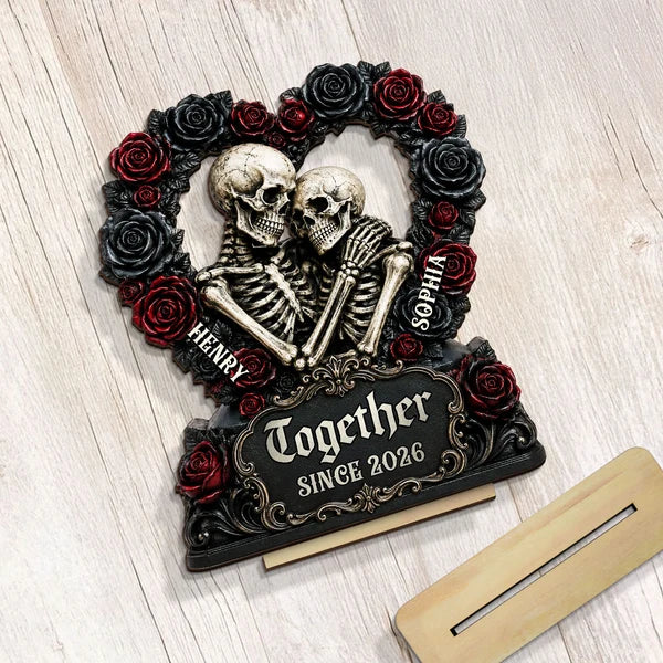 Personalized 2-Layer Wooden Plaque, Gothic Skeleton Couple With Roses, Unique Halloween Gift For Couple