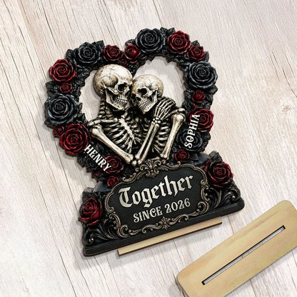 Personalized 2-Layer Wooden Plaque, Gothic Skeleton Couple With Roses, Unique Halloween Gift For Couple
