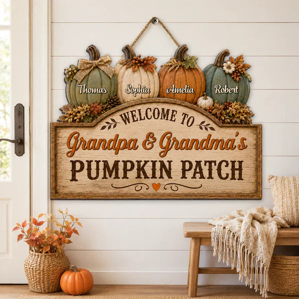 Personalized Wooden Sign, Grandma & Grandpa Pumpkin Patch Door Decor, Unique Fall Gift