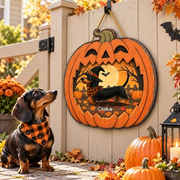 Personalized Wooden Sign, Dachshund in a Moonlit Pumpkin Patch, Creative Halloween Keepsake Gift for Pet Owners