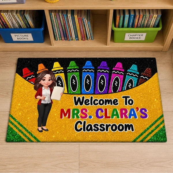 Personalized Standard Doormat, Cartoon Teacher & Bright Crayons, Unique Gift for Classroom Entry
