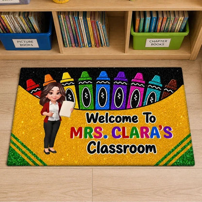 Personalized Standard Doormat, Cartoon Teacher & Bright Crayons, Unique Gift for Classroom Entry