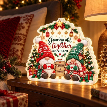Personalized Acrylic Light Box, Gnome Couple Holding Mugs in a Snowy Christmas Scene, Unique Gift for Couples