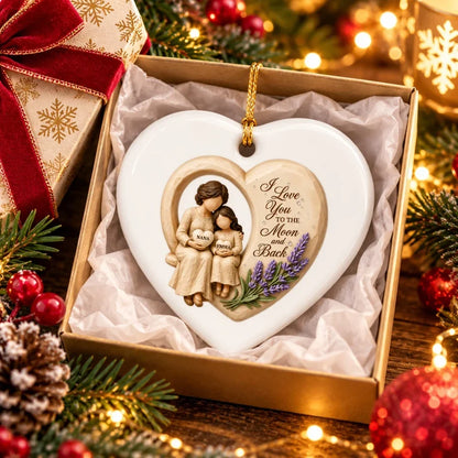 Personalized Ceramic Heart Ornament, Seated Grandma and Granddaughter Christmas Scene, Unique Family Gift