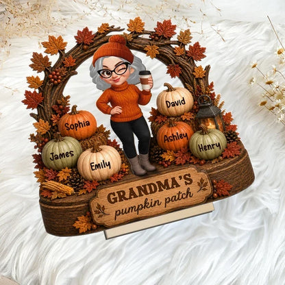 Personalized Wooden Plaque, Coffee-Holding Grandma in an Autumn Pumpkin Patch, Unique Family Gift