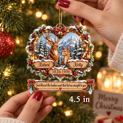 God Blessed the Broken Road Personalized Acrylic Ornament, Deer Couple in Snowy Forest, Creative Gift for Partner