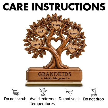 Grandkids Make Life Grand Personalized 2-Layer Wooden Plaque, Warm Brown Family Tree, Unique Gift for Grandparents