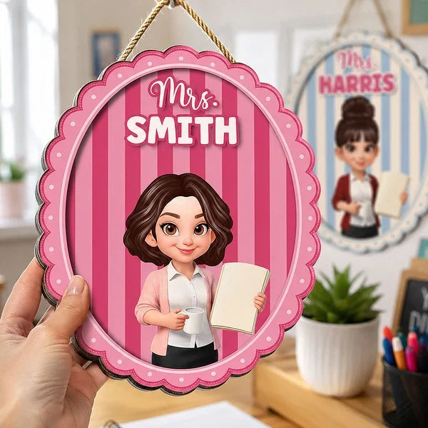 Personalized Wooden Sign for Teacher, Pink Cartoon Classroom Door Decor, Creative Gift for Back to School