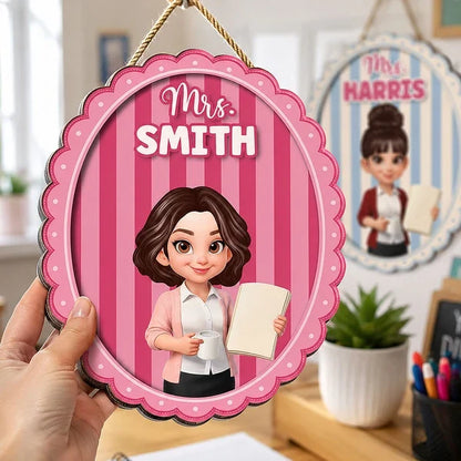 Personalized Wooden Sign for Teacher, Pink Cartoon Classroom Door Decor, Creative Gift for Back to School