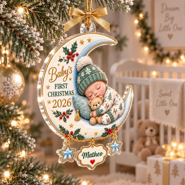 Personalized Acrylic Ornament, Sleeping Baby on Crescent Moon, Unique First Christmas Gift for New Parents