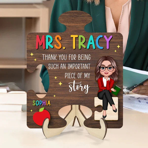 Personalized Teacher 2-Layer Wooden Plaque, Puzzle Piece Unique Gift With Cartoon Teacher, Apple And Book
