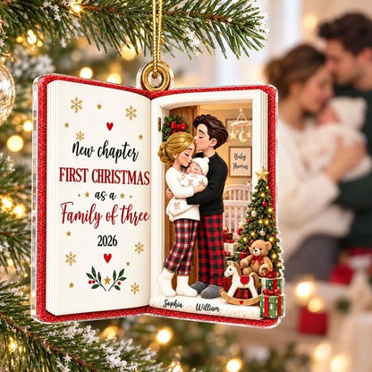 Personalized Acrylic Ornament, New Parents Embracing Baby by Christmas Tree, Unique Keepsake Gift