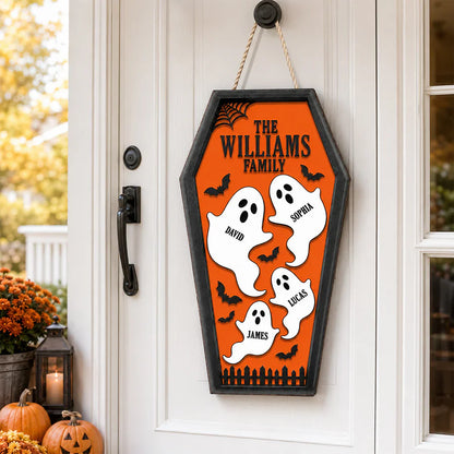 Personalized Ghost Family Wooden Sign, Purple Coffin Halloween Decor, Unique Gift for Family