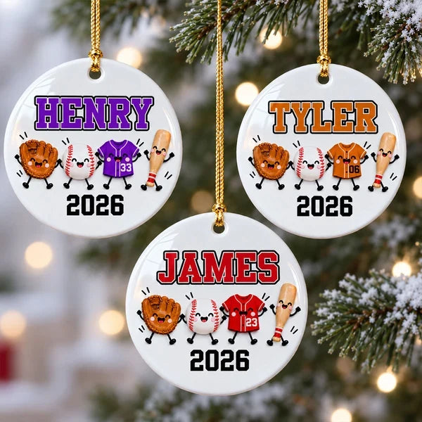 Personalized Ceramic Ornament with Cute Baseball Gear, Unique Christmas Gift for Players and Baseball Fans