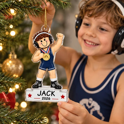 Personalized Acrylic Ornament, Cartoon Wrestling Champion on Christmas Tree, Unique Gift for Son