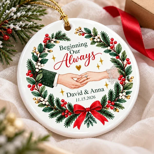 Personalized Ceramic Ornament with Couple Holding Hands and Christmas Wreath, Unique Gift for Couples