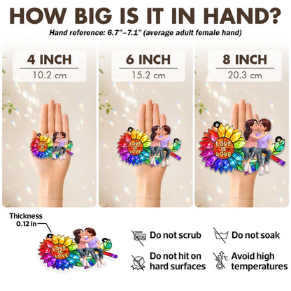 Personalized Acrylic Suncatcher Ornament, Love is Love Rainbow Sunflower with Kissing Couple, Unique LGBTQ Gift
