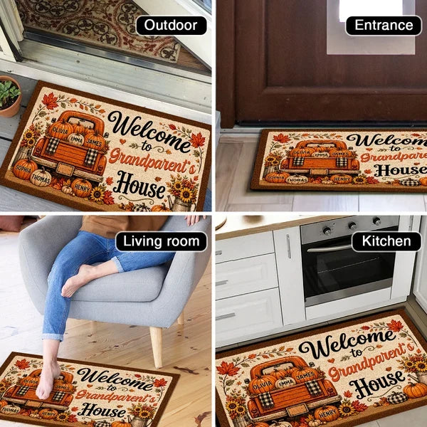 Personalized Standard Doormat with Floral Pumpkin Truck, Fall Entryway Decor, Unique Gift for Grandparents