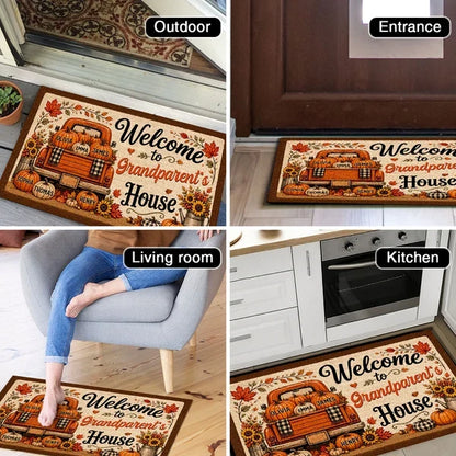 Personalized Standard Doormat with Floral Pumpkin Truck, Fall Entryway Decor, Unique Gift for Grandparents