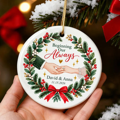 Personalized Ceramic Ornament with Couple Holding Hands and Christmas Wreath, Unique Gift for Couples