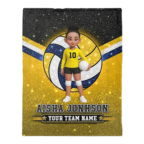 Personalized Fleece Blanket, Cartoon Volleyball Player Holding a Ball, Red Glitter-Look Style, Unique Player Gift