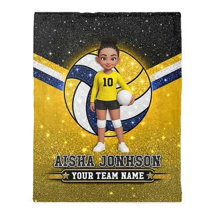 Personalized Fleece Blanket, Cartoon Volleyball Player Holding a Ball, Red Glitter-Look Style, Unique Player Gift