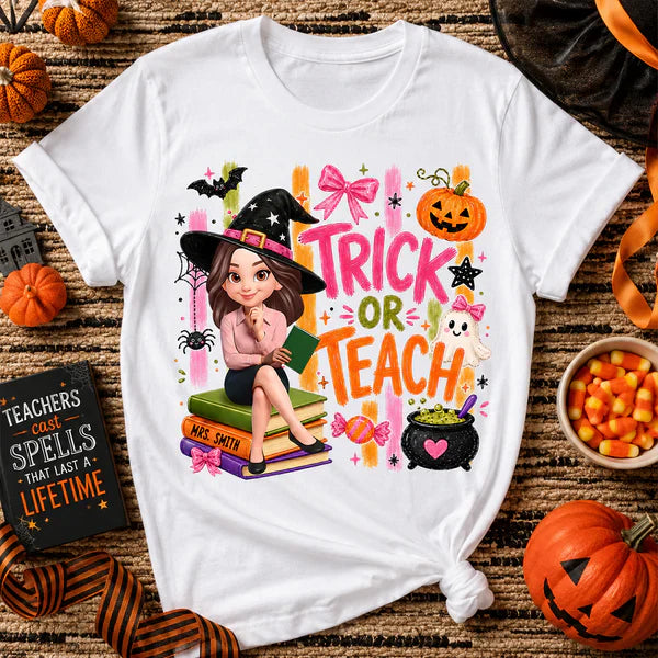 Personalized Classic Tee With Witch Teacher Art, Trick Or Teach Design, Unique Gift For Teachers