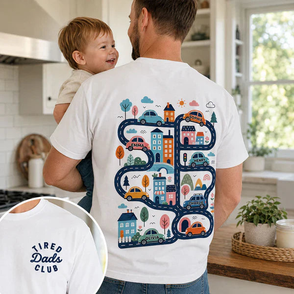 Personalized Classic Tee, Tired Dads Club & Play Cars on Dad's Back, Unique Father's Day Gift for Dad