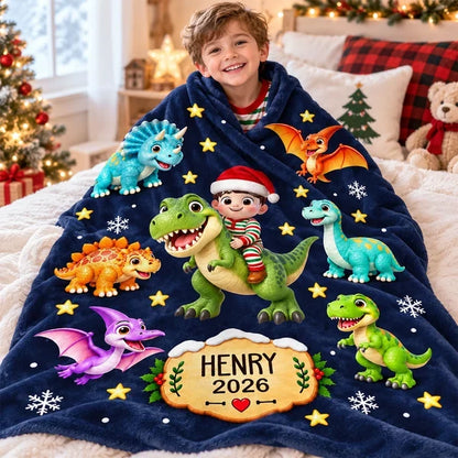 Personalized Dinosaur Fleece Blanket, Child Riding a Dinosaur in a Snowy Christmas Scene, Unique Gift for Kids