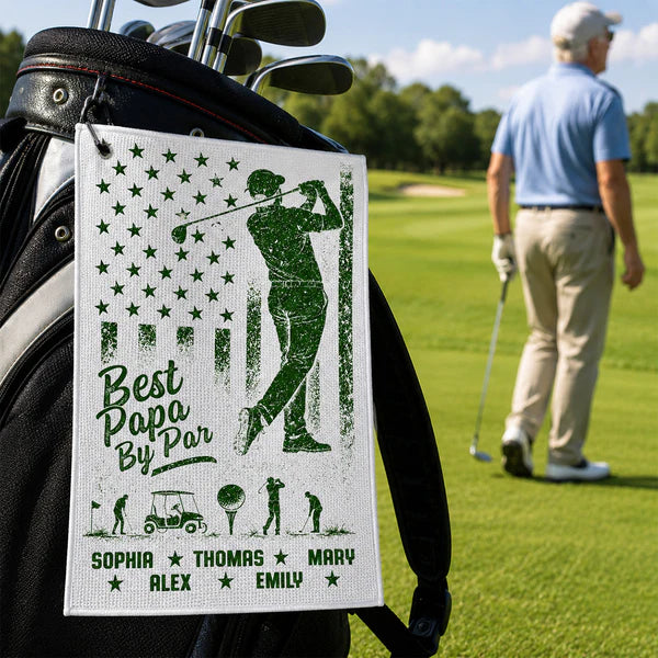 Personalized Waffle Weave Golf Towel, Best Papa By Par Golfer Swing, Unique Gift for Dad on the Course