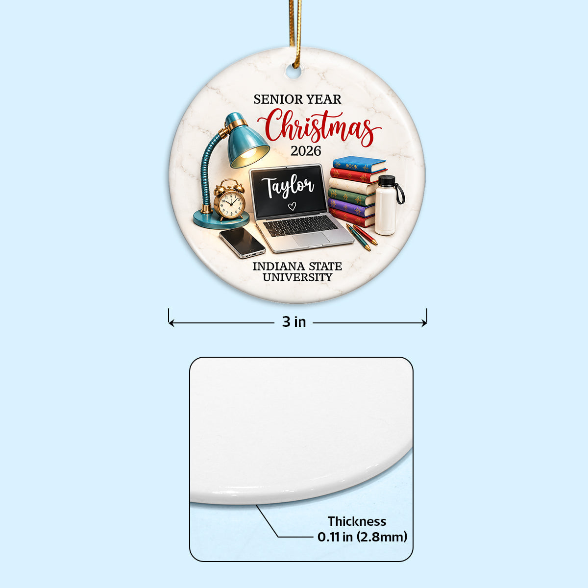 Personalized Ceramic Ornament, Teal Study Desk Senior Year Christmas Keepsake, Unique Graduation Gift for Student