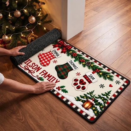 Personalized Premium Doormat with Plaid Christmas Stockings, Festive Entryway Decor, Unique Family Gift