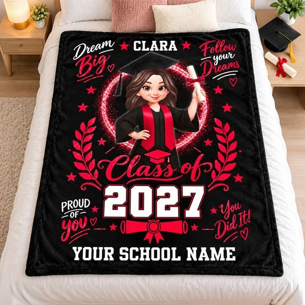 Personalized Dream Big Fleece Blanket, Graduate in Cap and Gown, Heartfelt Creative Gift for Daughter or Granddaughter