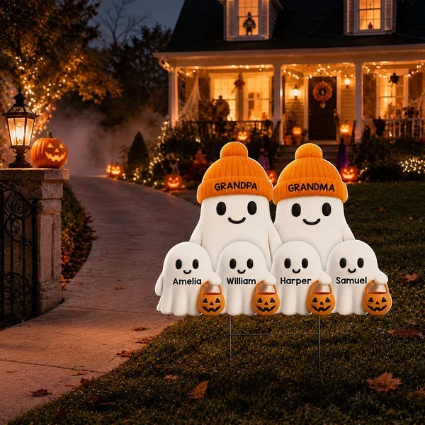Personalized Shaped Yard Sign, Cute Ghost Family Trick-or-Treating Decor, Unique Halloween Gift for Grandparents