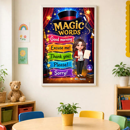 Personalized Magic Words Canvas, Standing Cartoon Teacher, Unique Gift for Classroom Decor