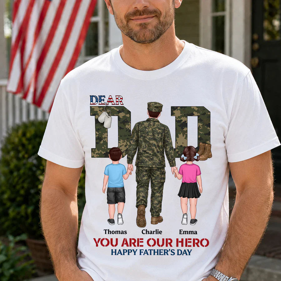 Personalized Army Dad Classic Tee, Walking Hand in Hand Design, Unique Father's Day Gift for Dad