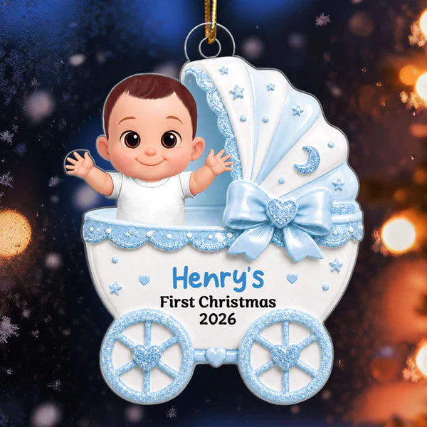 Personalized Acrylic Ornament, Waving Baby in Stroller on Christmas Tree, Unique Creative Gift for New Parents