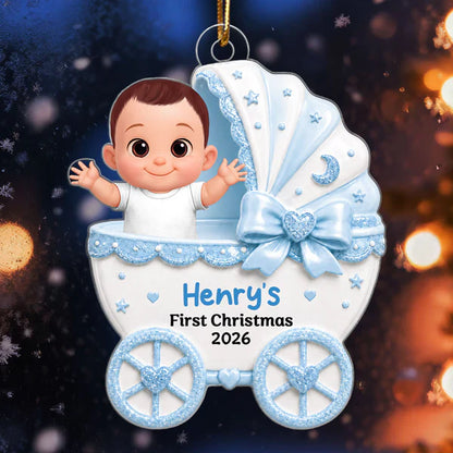 Personalized Acrylic Ornament, Waving Baby in Stroller on Christmas Tree, Unique Creative Gift for New Parents