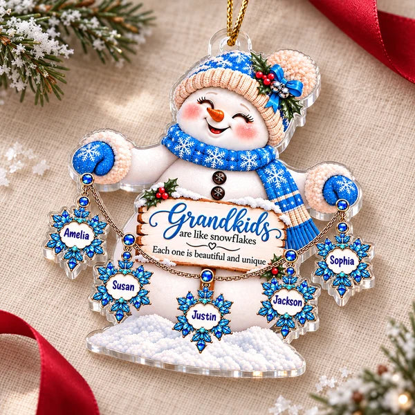 Personalized Acrylic Ornament, Blue Snowman Holding Snowflakes, Unique Christmas Gift for Grandma