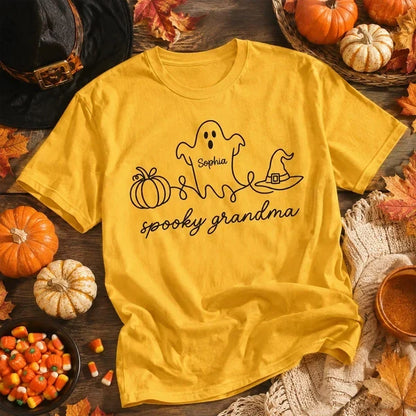 Personalized Spooky Grandma Classic Tee with Ghost Pumpkin and Witch Hat, Unique Halloween Gift for Grandma
