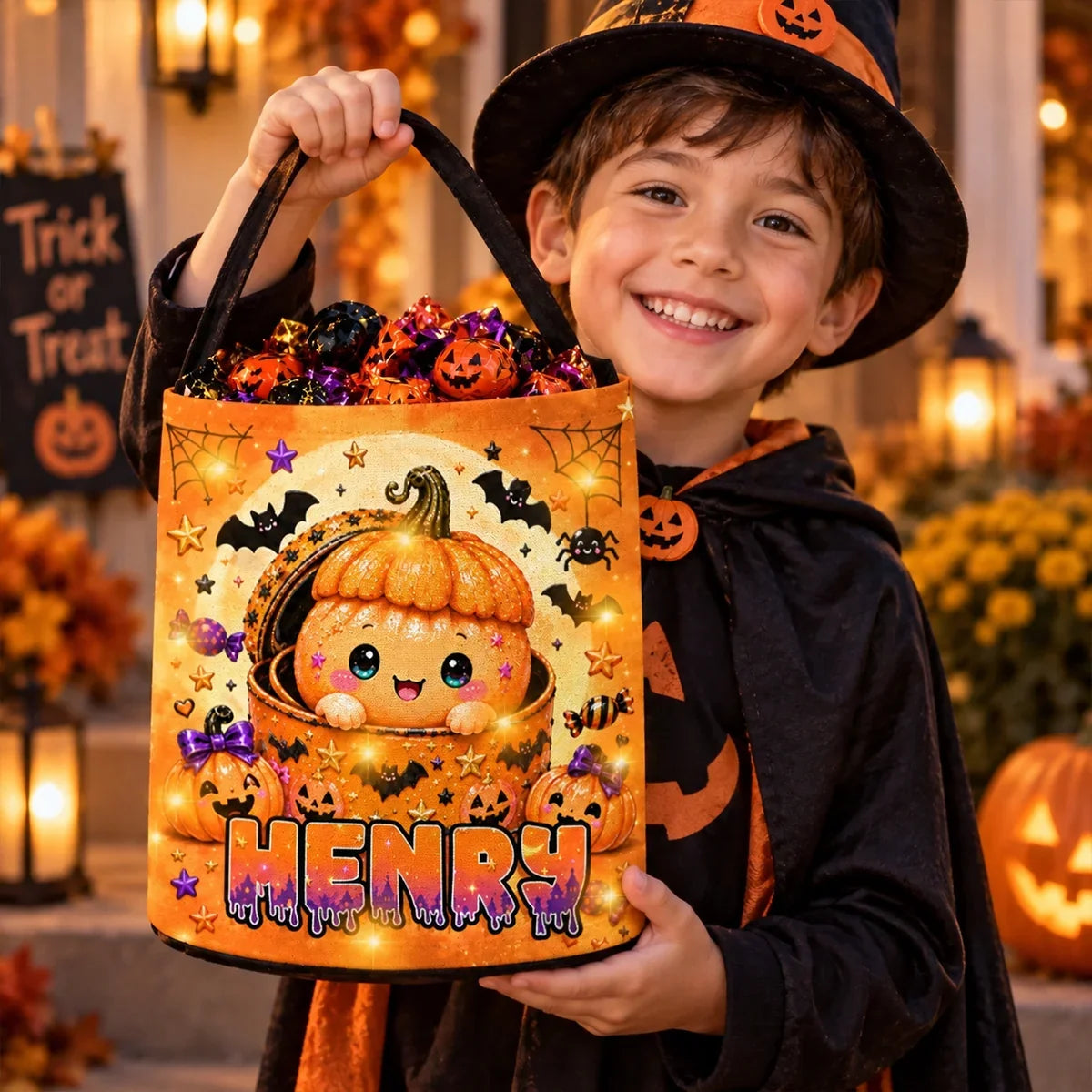Personalized LED Light Up Fabric Basket, Cute Pumpkin Halloween Trick or Treat Bucket, Unique Gift for Kids