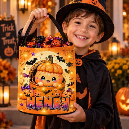 Personalized LED Light Up Fabric Basket, Cute Pumpkin Halloween Trick or Treat Bucket, Unique Gift for Kids