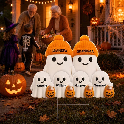 Personalized Shaped Yard Sign, Cute Ghost Family Trick-or-Treating Decor, Unique Halloween Gift for Grandparents